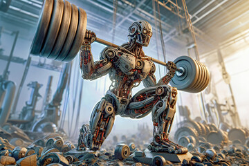 A robot with a barbell on its shoulders lunges forward in the gym. - obrazy, fototapety, plakaty