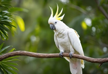 Cockatoo parrot (Cacatua galerita Sulphur-crested) sitting on a green tree branch .White and yellow cockatoo with nature green background.