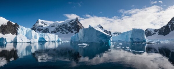 Fototapeta na wymiar Panoramic view of icy rocks and Arctic (Antarctic) ocean waters