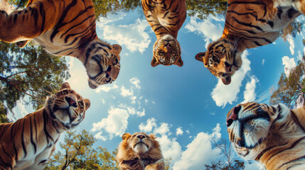 Bottom view of tigers standing in a circle against the sky. An unusual look at animals. Animal looking at camera - obrazy, fototapety, plakaty