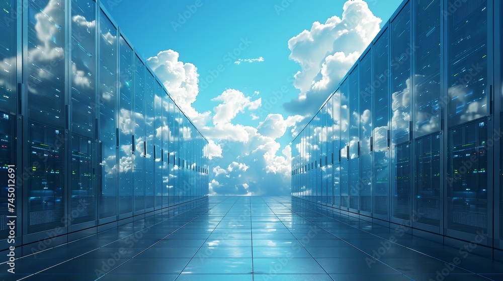 Poster visualize a world powered by cloud technology, offering unparalleled efficiency and scalability for 