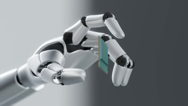 Robot hand hold computer chip for semiconductor and AI industry, 3d rendering
