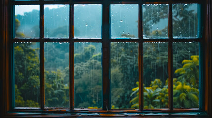 A serene scene of a rainy day viewed through a window, showcasing the tranquil beauty of a dense forest bathed in rain, embodying peacefulness.