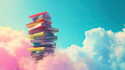 World Book day with stack book In sky background. Bright colorful.  The concept for World Book Day background with copy space area for text. Happy Book Day.