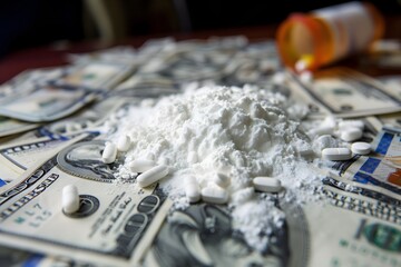 A drugs on top of a pile of 100 dollar bills - obrazy, fototapety, plakaty
