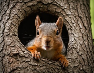 Fototapeta premium A closeup of a curious squirrel peeking out of a hollow in a tree