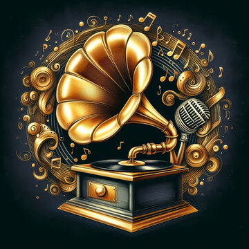 Illustration of a golden gramophone and microphone, musical symbols around, on a dark background, in the style of realism.