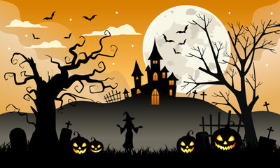 Halloween night scene silhouette, vector illustration style, with pumpkin and witch.