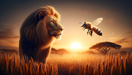 
The image portrays a majestic lion in profile with a bee hovering nearby, set against a golden savannah sunset backdrop with acacia trees.Animals behaving concept.AI generated.