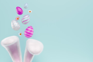 Easter composition.Bunny ears eggs flowers.3D rendering