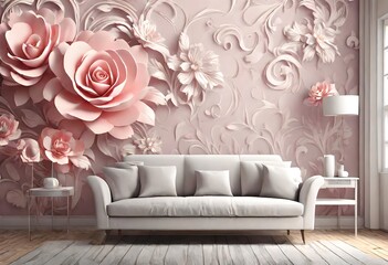 pink sofa with flowers in a room