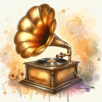 Illustration of a golden old gramophone, antique in the style of watercolour.