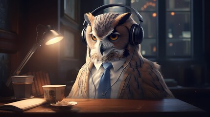 A sophisticated owl in a bowtie and suspenders, sipping coffee and listening to music through elegant over-ear headphones in a cozy library