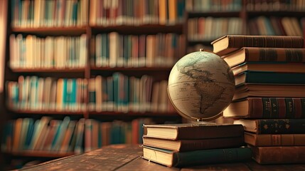 World Book day with stack book in library background. Book and globe. Bright colors. The concept for World Book Day background with copy space area for text. Happy Book Day.