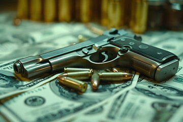 A Gun and bullets on top of a pile of 100 dollar bills - obrazy, fototapety, plakaty