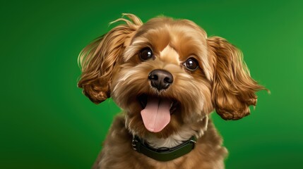 Portrait of a happy, cheerful dog on a green background. A pet.