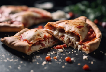Closed pizza calzone is cut into pieces on black table