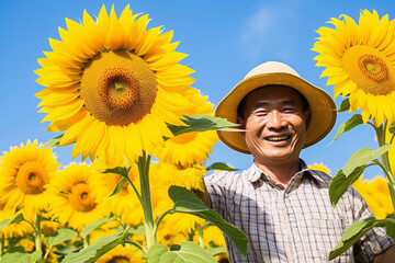 A smiling asian farmer in a hat, standing in a sunflower field - 745015646