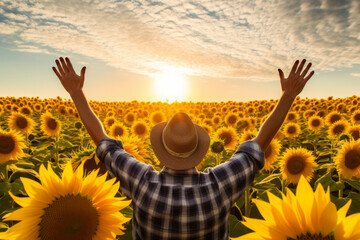 Rear view of a farmer standing proudly in a sunflower field with arms raised to the sky against a sunrise - 745015649