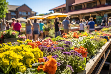 A lively farmers' market with vibrant displays of colorful flowers. Shallow depth of field