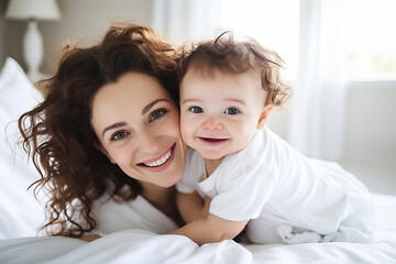 A portrait of cheerful young mother with cute baby in bed. Shallow depth of field - 745015660