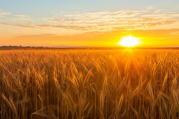 Panoramic view of a golden sunrise over a vast wheat field - 745015661