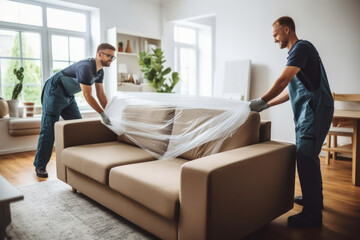 Two delivery men unpacking a new sofa in living room at new home - 745015664