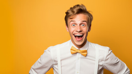 A cheerful, surprised man wearing a white shirt and a orange bow tie on a orange background. Copy space - 745015672