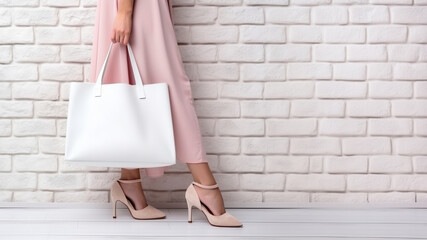 Close up of a woman in high heels in a pink dress holding a white bag near white brick wall. Mockup for design, copy space - 745015673