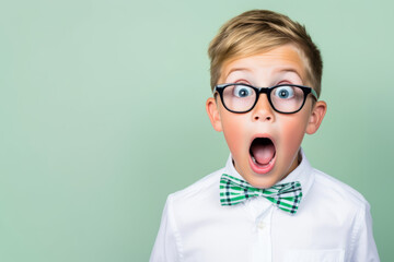 Child in a white shirt with bow tie a surprised look on his face, wearing glasses, on a light green background with copy space - 745015677