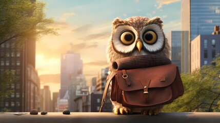 A trendy owl with a messenger bag, perched on a tree branch in the city