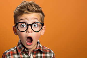 Little boy in a checked shirt with a surprised look on his face, wearing glasses, on a orange background with copy space - 745015692