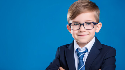 A little boy with a very intelligent expression on his face, in a suit and tie, wearing glasses. on a blue background with copy space - 745015694