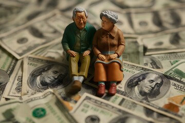 Retired, elderly couple sits on top of a pile of 100 dollar bills