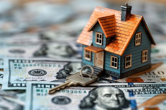 A tiny house with keys sits on top of a pile of 100 dollar bills. Buying a new house or home loan concept image 