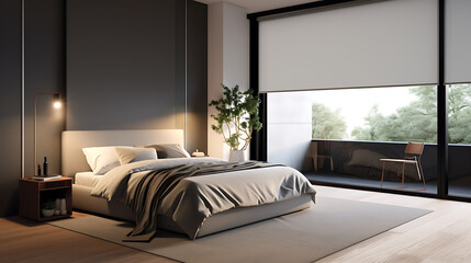 A modern bedroom with a corner window and blackout roller shades.