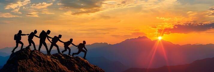 Panoramic view of team of people holding hands and helping each other reach the mountain top in spectacular mountain sunset landscape