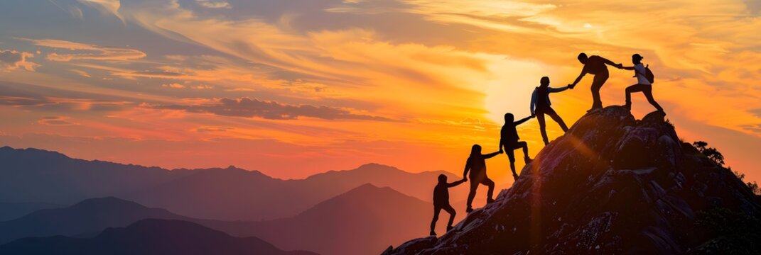 Panoramic view of team of people holding hands and helping each other reach the mountain top in spectacular mountain sunset landscape
