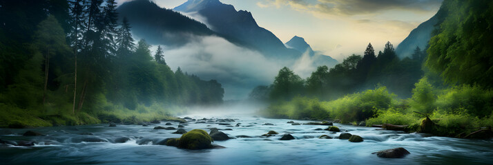 Serenity's Symphony: A Majestic View of a River, Forest, and Mountain Landscape under the Twilight...