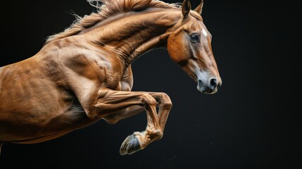 Fototapeta premium Horse jump on a black background. Flying animal. Beautiful muscles