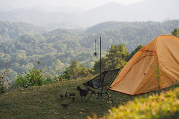 landscape and travel concept with orange camping tent and group of chicken with layer of mountain