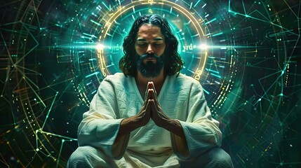 technology digital Lord Jesus Christs teachings enhance cybersecurity meditating on divine protection in digital realms - obrazy, fototapety, plakaty