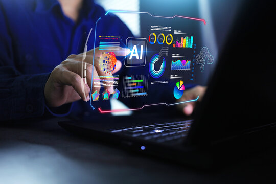 Businessman using AI assistance on laptop screen to command find and summarize business data in graphs and working with cloud computing