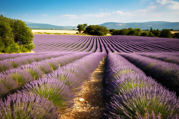 Lavender landscape in the style of Provence. Manicured rows of lavender at sunset.