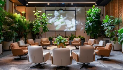 A bright and airy modern meeting room filled with sunlight. At its center is a large screen, surrounded by lush indoor plants. Comfortable seating is arranged in a welcoming semi-circle, all facing 