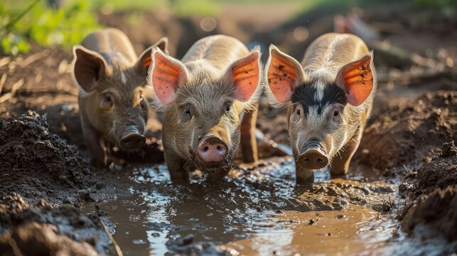 humorous composition featuring wallowing pigs in a mud pool, showcasing their adorable snouts and playful interactions