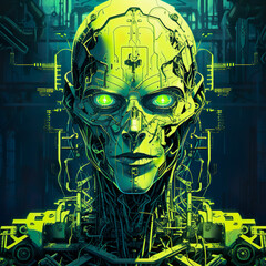 a robot with a friendly face in center of a frame.