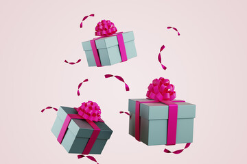 Happy New Year and Merry Christmas. Flying gift boxes and confetti. 3D rendering