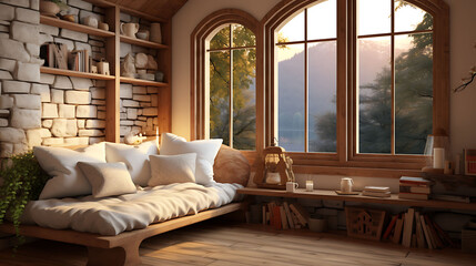 A visualization of a cozy home interior with wooden framed windows and doors.