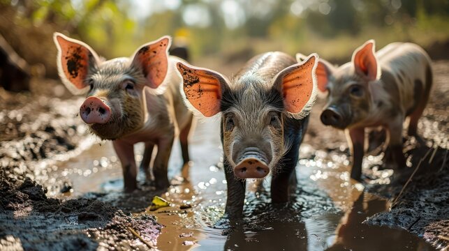 humorous composition featuring wallowing pigs in a mud pool, showcasing their adorable snouts and playful interactions